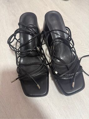 Black Strappy Lace-Up Women's Heeled Sandals